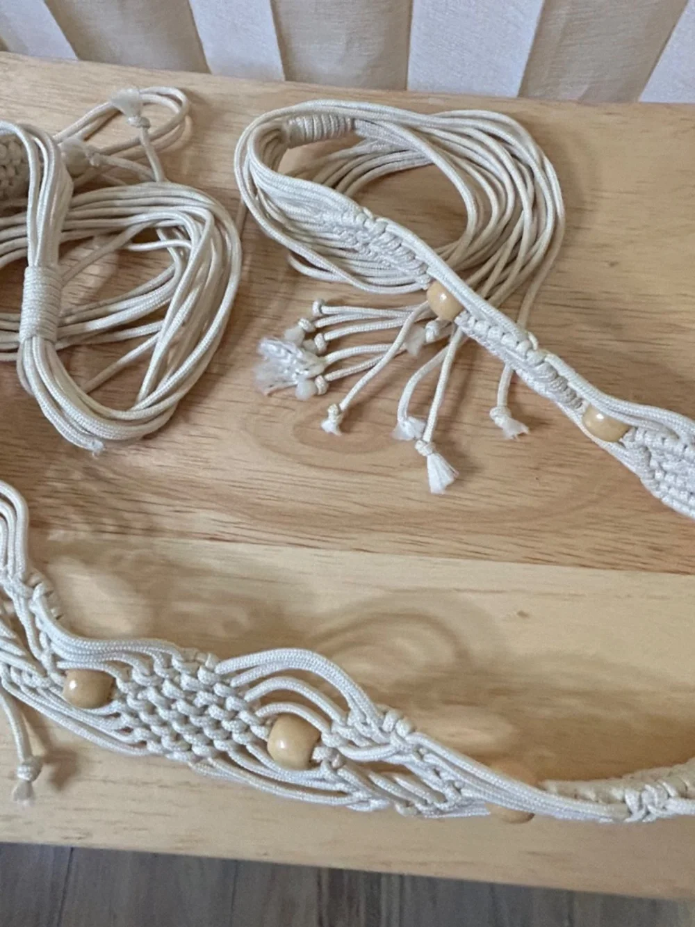 *Festival* Beige Macrame Tie Belt Adjustable No Buckle Wooden Beads Tassels